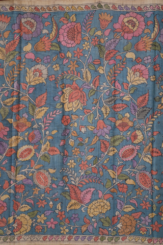 Floral Hand Painted Aegean Blue Kalamkari Tussar Silk Saree