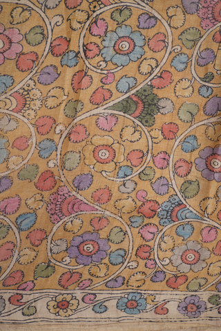 Floral Hand Painted Aegean Blue Kalamkari Tussar Silk Saree