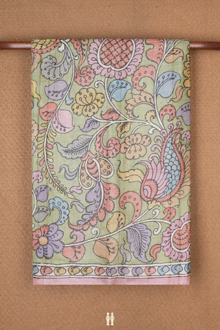 Floral Hand Painted Pastel Green Kalamkari Tussar Silk Saree