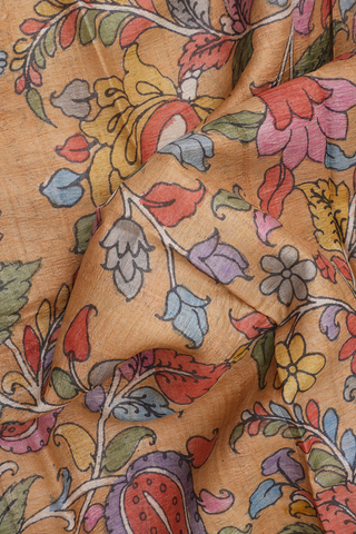 Floral Hand Painted Yellow Beige Kalamkari Tussar Silk Saree