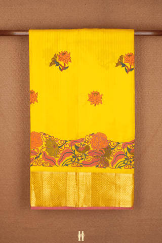 Floral Hand Painted Design Yellow Kanchipuram Silk Saree