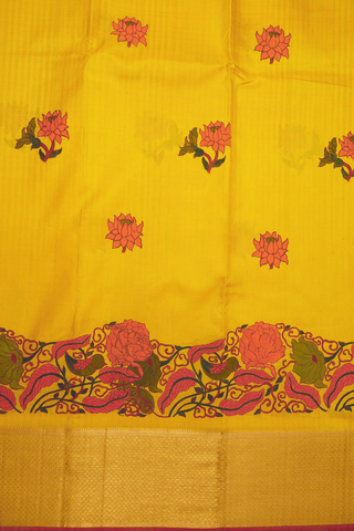 Floral Hand Painted Design Yellow Kanchipuram Silk Saree