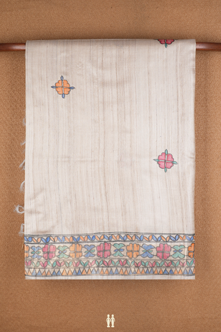 Floral Motifs Beige Tussar Madhubani Silk Saree