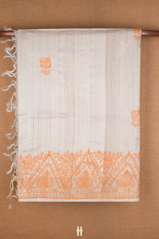 Floral Motifs Beige Tussar Madhubani Silk Saree