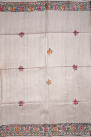 Floral Motifs Beige Tussar Madhubani Silk Saree