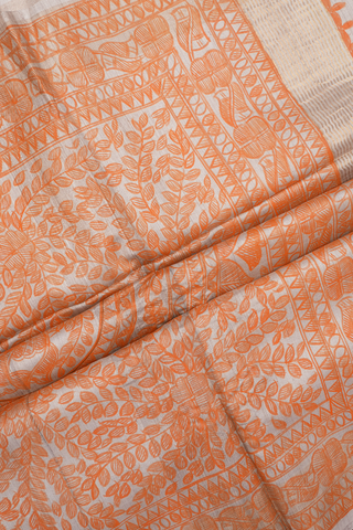 Floral Motifs Beige Tussar Madhubani Silk Saree