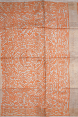 Floral Motifs Beige Tussar Madhubani Silk Saree