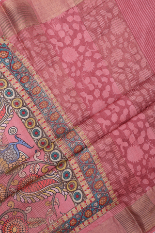 Floral Peacock Design Dusty Red Kalamkari Tussar Silk Saree