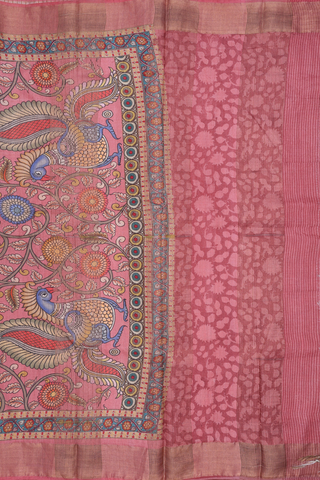 Floral Peacock Design Dusty Red Kalamkari Tussar Silk Saree