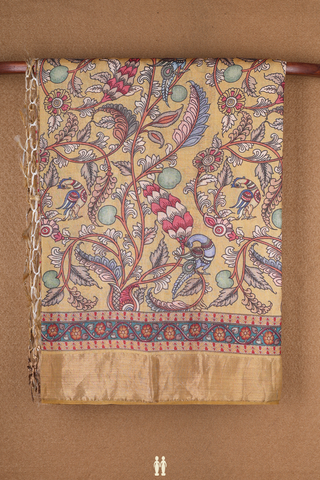 Floral Peacock Design Yellow Kalamkari Tussar Silk Saree