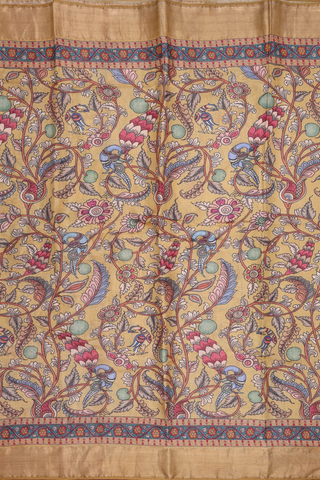 Floral Peacock Design Yellow Kalamkari Tussar Silk Saree