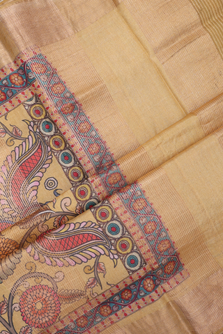 Floral Peacock Design Yellow Kalamkari Tussar Silk Saree