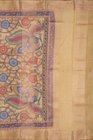 Floral Peacock Design Yellow Kalamkari Tussar Silk Saree