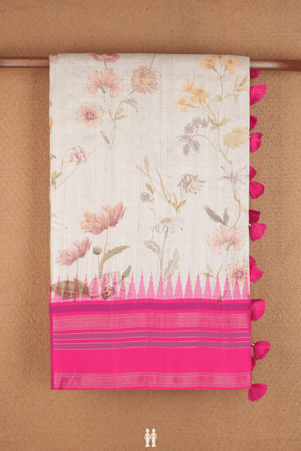 Floral Printed Design Beige Tussar Silk Saree