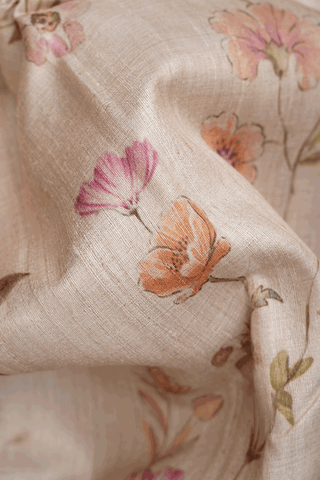 Floral Printed Design Beige Tussar Silk Saree