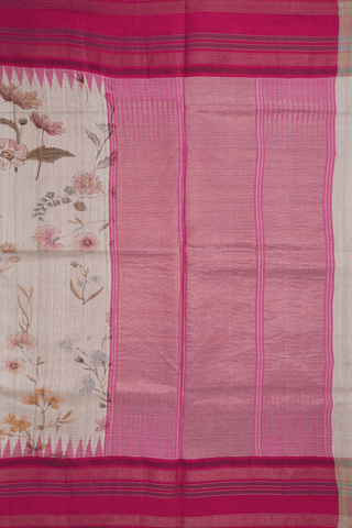 Floral Printed Design Beige Tussar Silk Saree