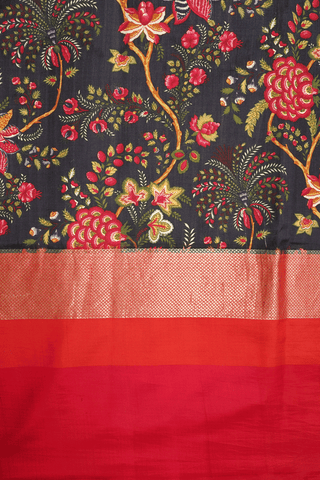 Floral Printed Design Black Kanchipuram Silk Saree