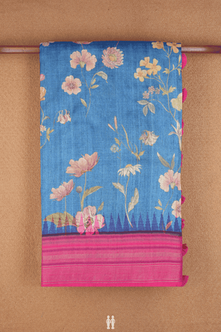 Floral Printed Design Capri Blue Tussar Silk Saree