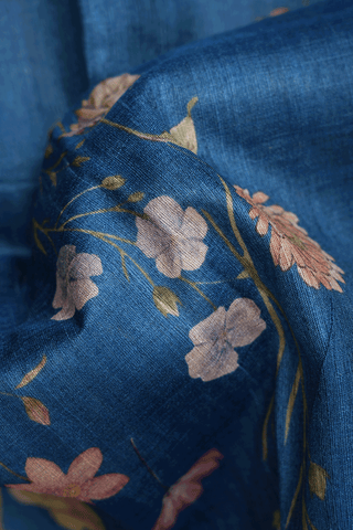 Floral Printed Design Capri Blue Tussar Silk Saree