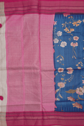 Floral Printed Design Capri Blue Tussar Silk Saree