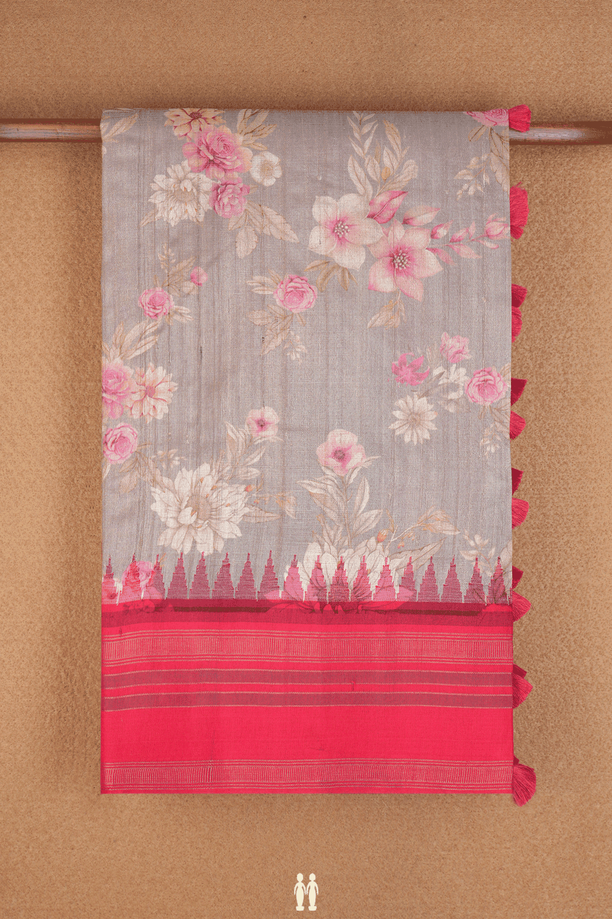 Floral Printed Design Dusty Khaki Tussar Silk Saree