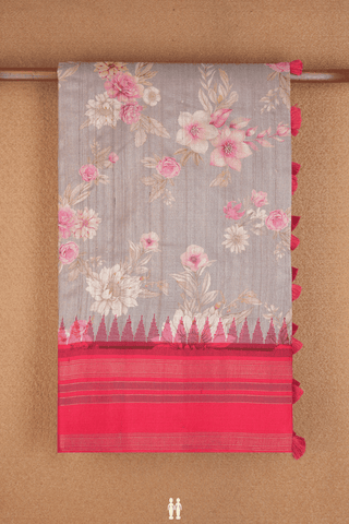 Floral Printed Design Dusty Khaki Tussar Silk Saree