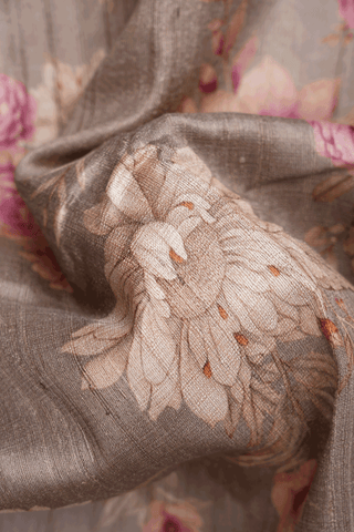 Floral Printed Design Dusty Khaki Tussar Silk Saree