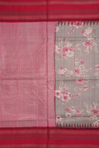 Floral Printed Design Dusty Khaki Tussar Silk Saree