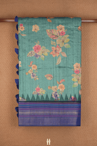 Floral Printed Design Emerald Green Tussar Silk Saree