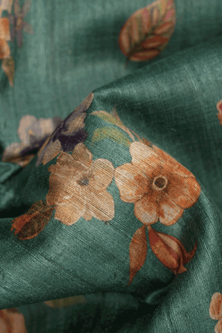 Floral Printed Design Emerald Green Tussar Silk Saree