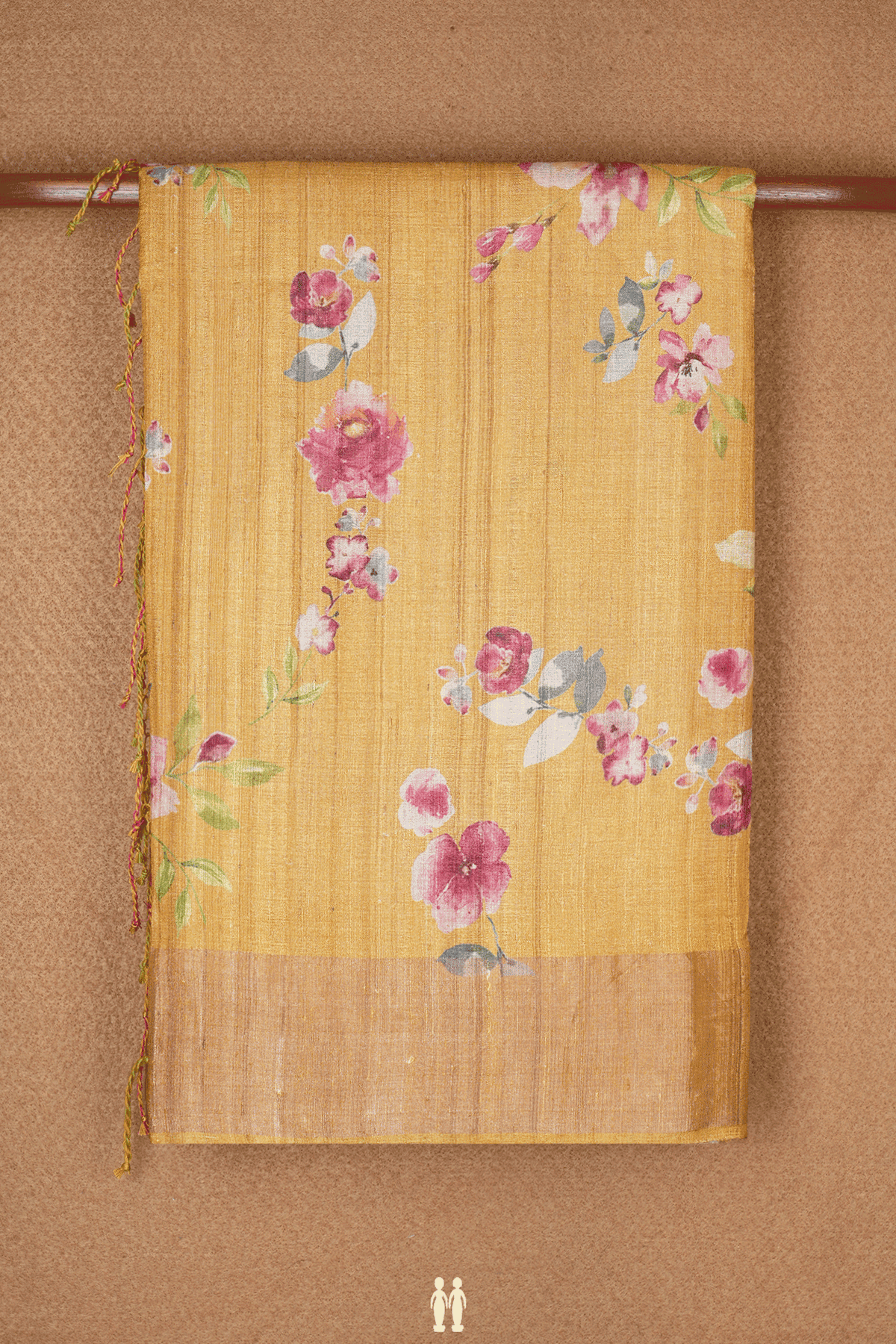 Floral Printed Design Golden Yellow Tussar Silk Saree