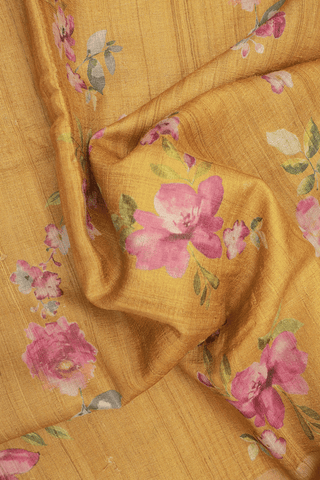 Floral Printed Design Golden Yellow Tussar Silk Saree
