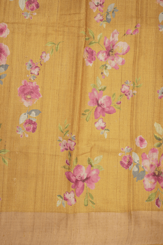 Floral Printed Design Golden Yellow Tussar Silk Saree