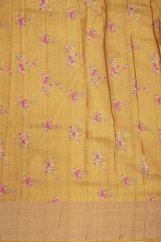Floral Printed Design Golden Yellow Tussar Silk Saree