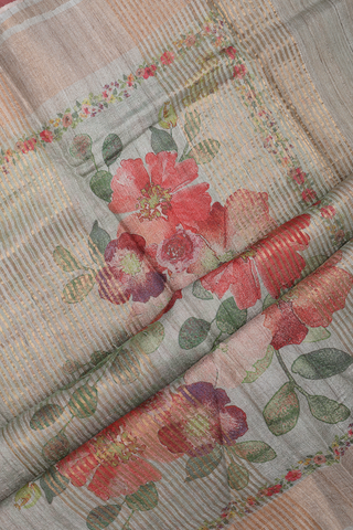 Floral Printed Design Green Beige Tussar Silk Saree