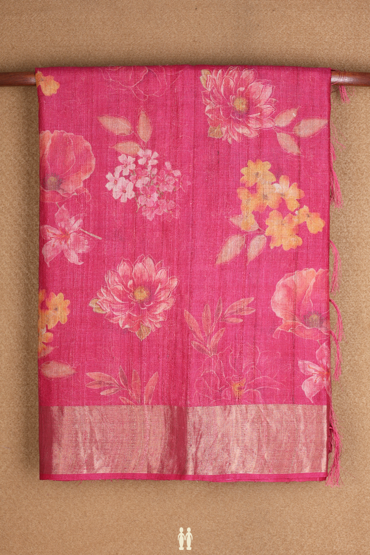 Floral Printed Design Punch Pink Tussar Silk Saree