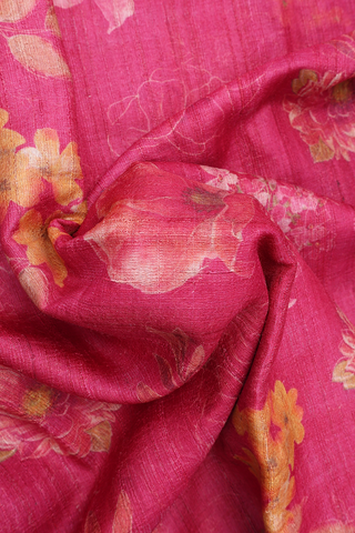 Floral Printed Design Punch Pink Tussar Silk Saree