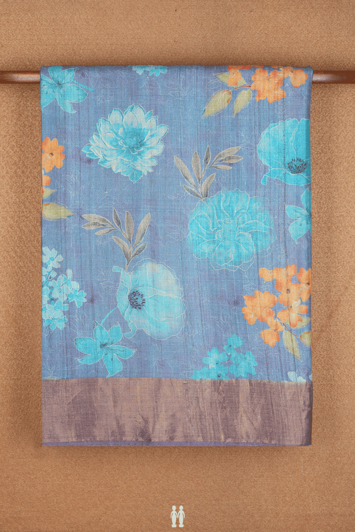 Floral Printed Design Steel Blue Tussar Silk Saree