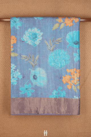 Floral Printed Design Steel Blue Tussar Silk Saree