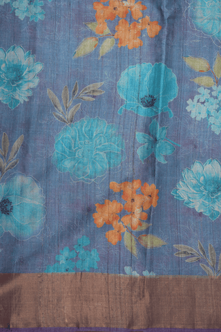 Floral Printed Design Steel Blue Tussar Silk Saree