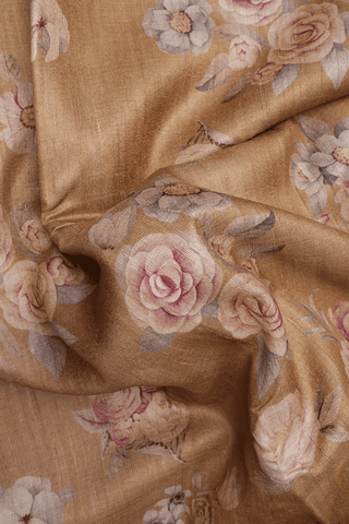 Allover Floral Printed Design Tan Tussar Silk Saree