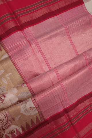 Allover Floral Printed Design Tan Tussar Silk Saree