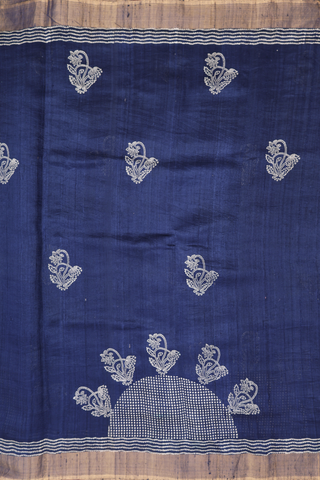 Floral Printed Motifs Oxford Blue Tussar Silk Saree