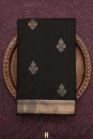 Floral Zari Motifs Black Kanchipuram Silk Saree