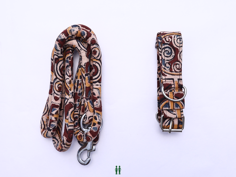 Dark Maroon Kalamkari Cotton Dog Collar With Rope Set