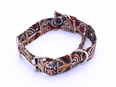 Dark Maroon Kalamkari Cotton Dog Collar With Rope Set