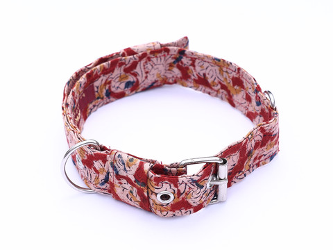 Red Kalamkari Cotton Dog Collar With Rope Set