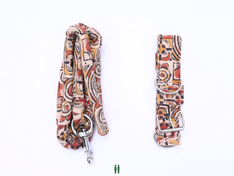 Multicolor Kalamkari Cotton Dog Collar With Rope Set