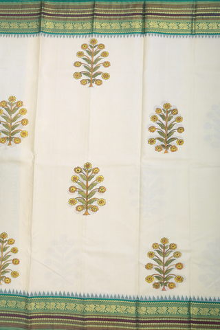 Kanchipuram Silk Saree In Beige With Floral Hand Painted