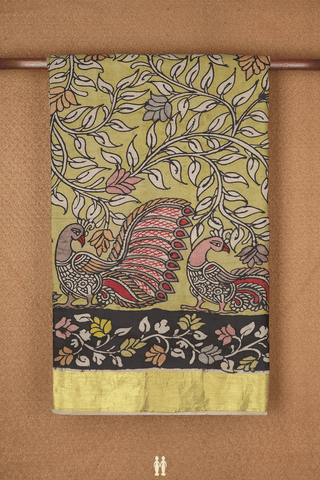 Hand Painted Kalamkari Pear Green Kanchipuram Silk Saree